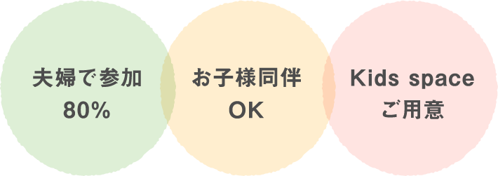 夫婦で参加80%,お子様同伴OK,Kids spaceご用意